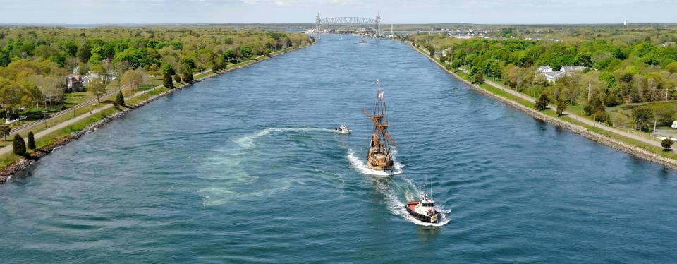 The Mayflower II makes its way through the west end of the Cape Cod Canal in May 2015.