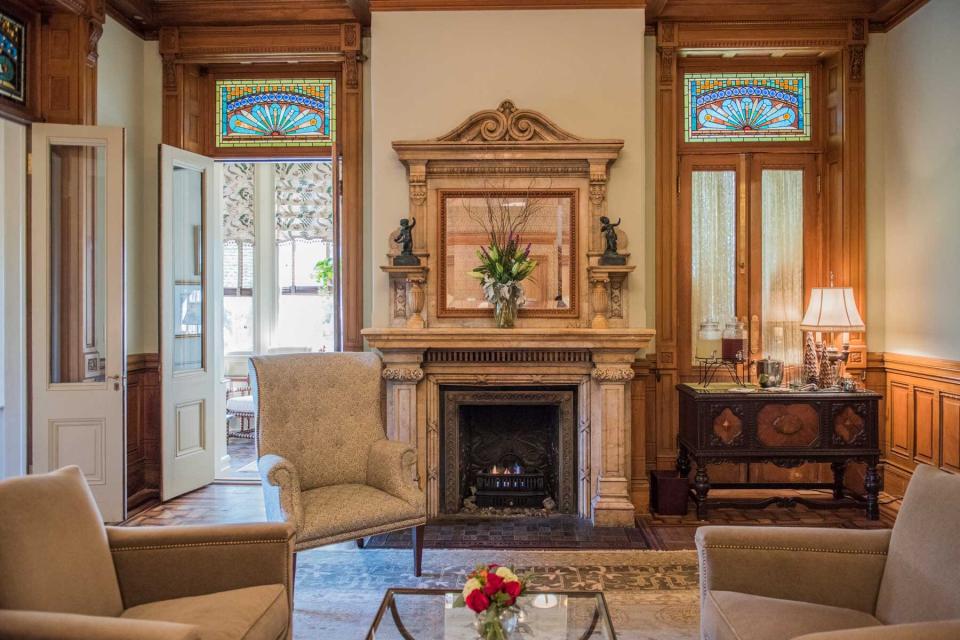 A fireplace at Wentworth Mansion, in Charleston, SC