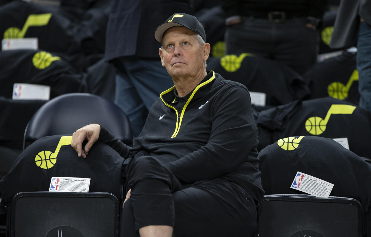 SALT LAKE CITY UT- OCTOBER 26: Danny Ainge, CEO of the Utah Jazz, watches warm-up before their game against the Houston Rockets at the Vivint Arena on October 26, 2022 in Salt Lake City Utah. NOTE TO USER: User expressly acknowledges and agrees that, by downloading and using this photograph, User is consenting to the terms and conditions of the Getty Images License Agreement. (Photo by Chris Gardner/ Getty Images)