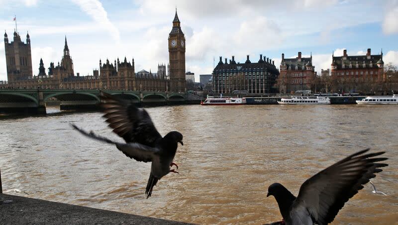 Pigeons fly over the river Thames, with the Westminster Bridge and the Houses of Parliament, left, in the background, in central London, Monday, Feb. 10, 2014. On March 18, 1766, British Parliament repealed “one of the most controversial laws ever passed,” known as the Stamp Act, due to boycotts and protests that took place for several months.