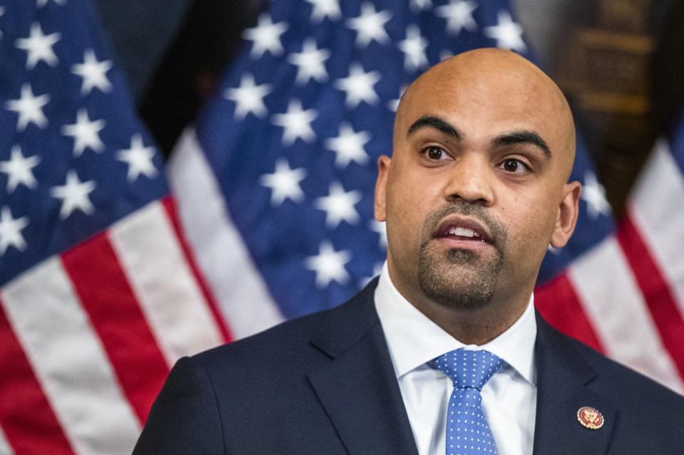 FILE - Rep Colin Allred, D-Texas, speaks during a news conference on Capitol Hill in Washington on Wednesday, June 24, 2020. Allred says he'll run for the U.S. Senate in 2024, becoming an early challenger to Republican Sen. Ted Cruz. (AP Photo/Manuel Balce Ceneta, File)