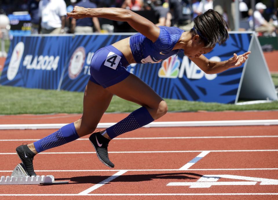 <p>Allyson Felix starts during qualifying for women’s 400-meter run at the U.S. Olympic Track and Field Trials. (AP) </p>