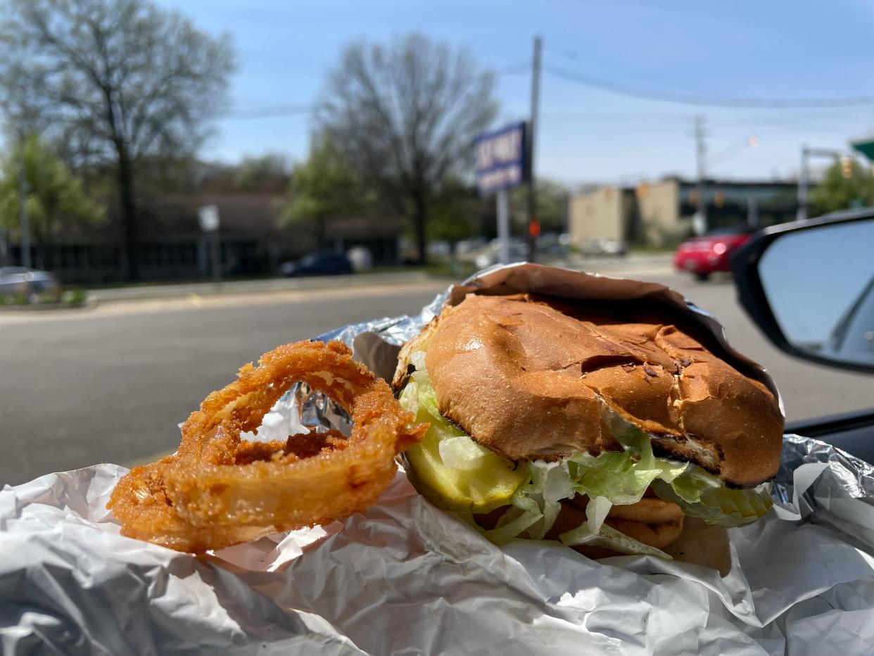 A Sky Hi burger and some of Aunt Ruth's Famous Homemade Onion Rings at Skyway in Fairlawn.