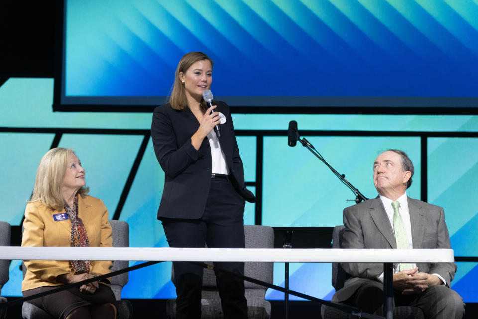 Caroline Fairly, candidate for the Texas House 87 District, speaks Thursday at the Amarillo Pioneer Candidate Forum at the First Family Church in Amarillo.