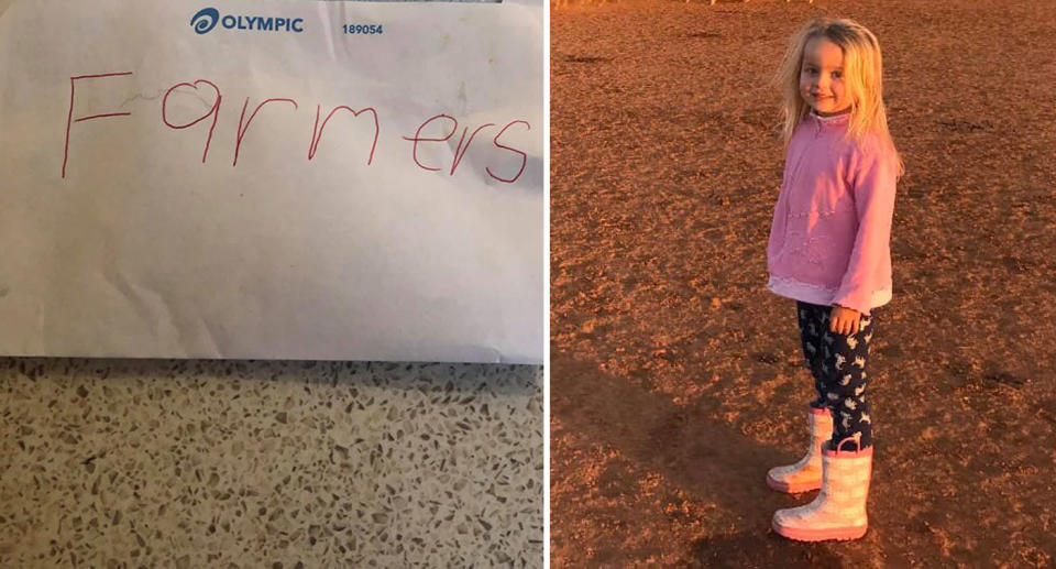 Six-year-old girl Ella pictured with envelope containing sweet letter to farmers in NSW.