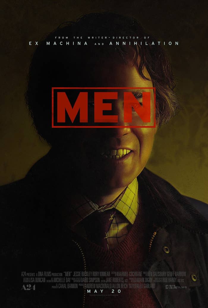 The Men poster features a man with a creepy smile and the logo of the movie covering his eyes