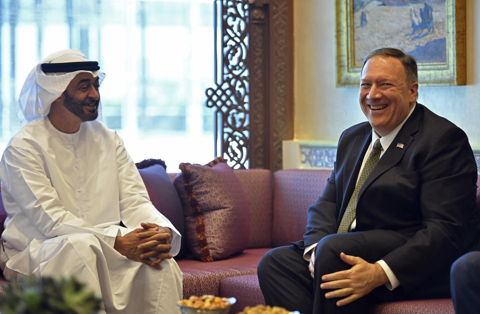 U.S. Secretary of State Mike Pompeo meets with Abu Dhabi Crown Prince Mohamed bin Zayed al-Nahyan in Abu Dhabi, United Arab Emirates, Thursday, Sept. 19, 2019. (Mandel Ngan/Pool via AP)