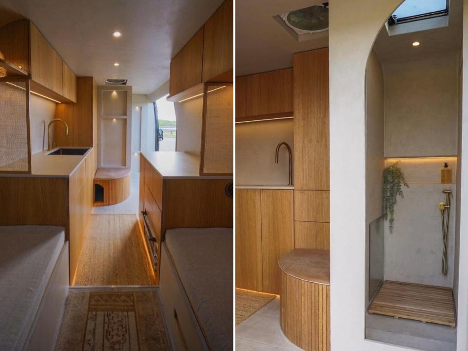 Side-by-side images of the couple's interior of their $127,000 van build.