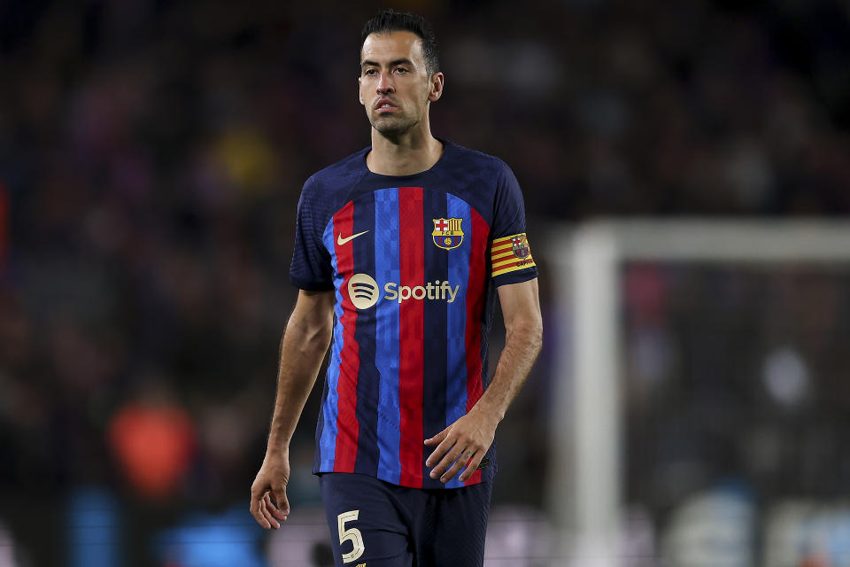 BARCELONA, SPAIN - APRIL 05: Sergio Busquets FC Barcelona looks on  during the Copa Del Rey Semi Final Second Leg match between FC Barcelona and Real Madrid CF at Spotify Camp Nou on April 05, 2023 in Barcelona, Spain. (Photo by Eric Alonso/Getty Images)