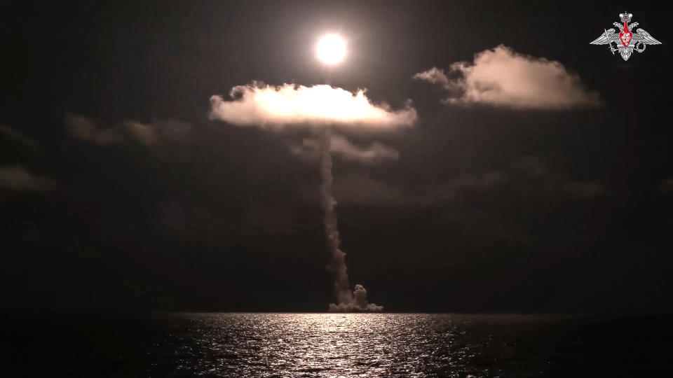 In this photo released by Russian Defense Ministry Press Service on Sunday, Nov. 5, 2023, The Emperor Alexander III nuclear submarine of the Russia navy test-fires a Bulava intercontinental ballistic missile from the White Sea. The Defense Ministry said the missile's warheads successfully reached designated practice targets on the Kura range on the far-eastern Kamchatka Peninsula. (Russian Defense Ministry Press Service via AP)