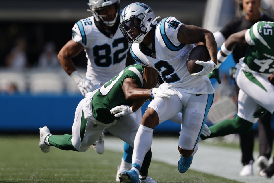 Carolina Panthers wide receiver D.J. Moore runs against the New York Jets during the second half of an NFL football game Sunday, Sept. 12, 2021, in Charlotte, N.C. (AP Photo/Nell Redmond)