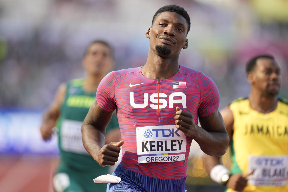 Fred Kerley, of the United States, wins a heat in the men's 200-meter run at the World Athletics Championships on Monday, July 18, 2022, in Eugene, Ore. (AP Photo/Ashley Landis)