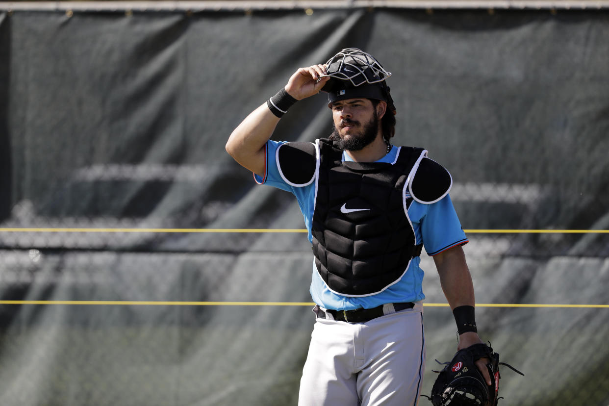 Miami Marlins catcher Jorge Alfaro was part of the package the team received in the J.T. Realmuto trade. (AP Photo/Jeff Roberson)