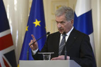 FILE - Finland's President Sauli Niinisto makes a point during a joint press conference with British Prime Minister Boris Johnson, at the Presidential Palace in Helsinki, Finland, Wednesday, May 11, 2022. Finland appears on the cusp of joining NATO. Sweden could follow suit. By year’s end, they could stand among the alliance’s ranks. Russia’s war in Ukraine has provoked a public about face on membership in the two Nordic countries. They are already NATO’s closest partners, but should Russia respond to their membership moves they might soon need the organization’s military support. (AP Photo/Frank Augstein, Pool, File)