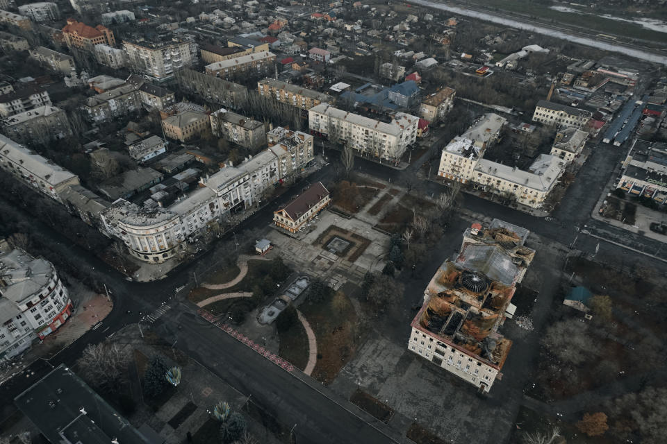 An aerial view of Bakhmut, the site of the heaviest battles with the Russian troops, in the Donetsk region, Ukraine, Friday, Dec. 9, 2022. (AP Photo/LIBKOS)