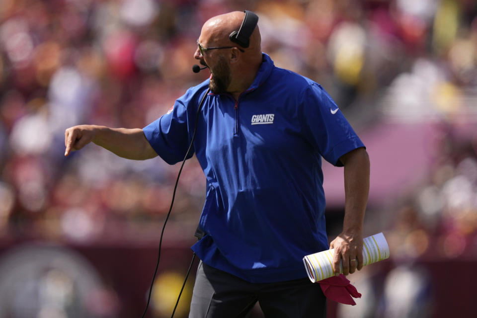 New York Giants head coach Brian Daboll reacts to a call during the first half of an NFL football game against the Washington Commanders in Landover, Md., Sunday, Sept. 15, 2024. (AP Photo/Matt Slocum)