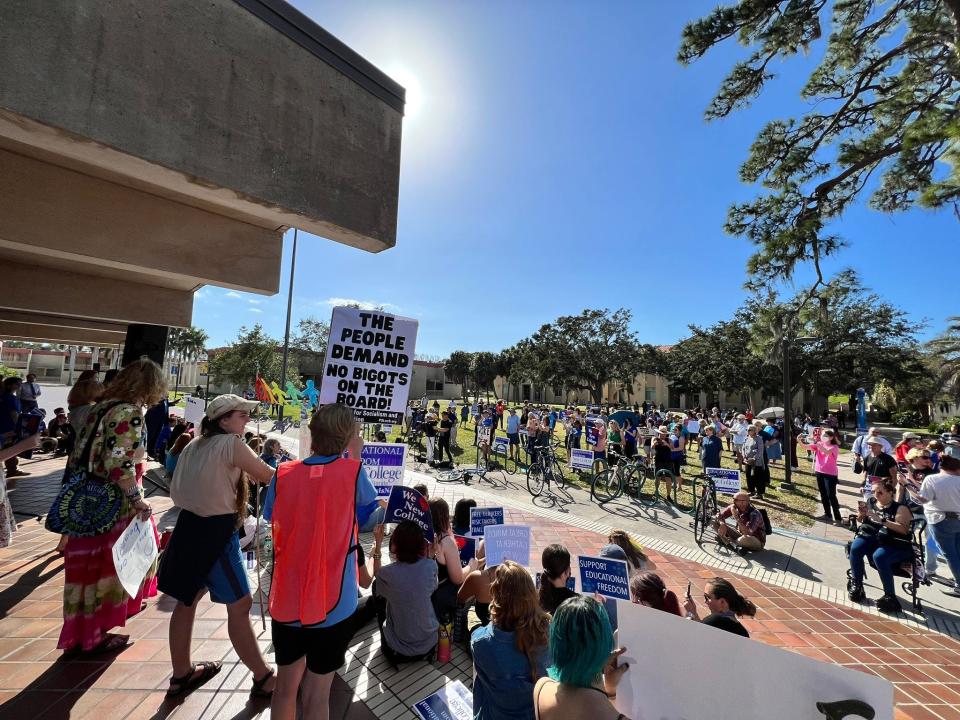 Protesters outside of Sudakoff Hall before the New College of Florida Board of Trustees meeting on Tuesday, Jan. 31.