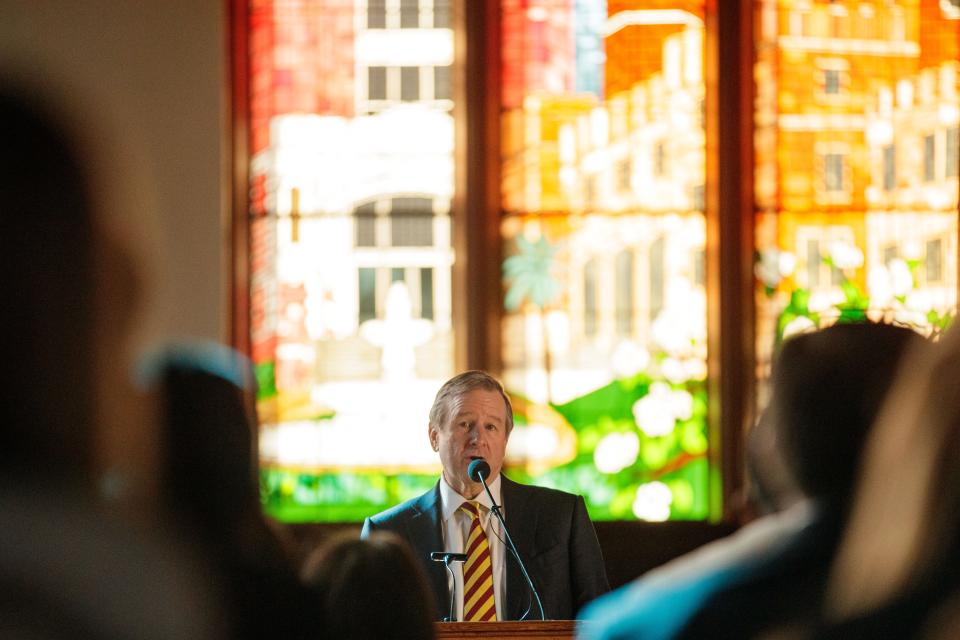 Richard McCullough, Florida State University's 16th president, presents his State of the University Address in Dodd Hall on Wednesday, Jan. 19, 2022.