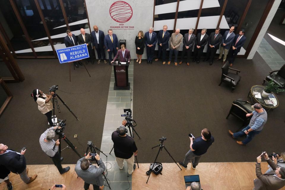 Elected officials advocate for the construction of the West Alabama Highway during a news conference at the Chamber of Commerce of West Alabama Thursday, Oct. 19, 2023 in Tuscaloosa.