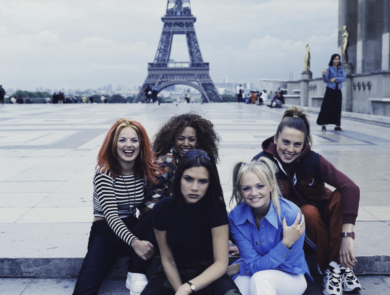 The Spice Girls posing in front of the Eiffel Tower in Paris, September 1996. (Getty Images)