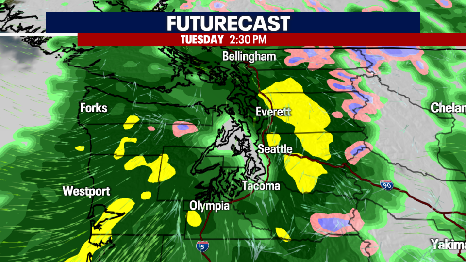 <div>The Futurecast showing widespread rain hitting Western Washington Tuesday afternoon.</div> <strong>(FOX 13 Seattle)</strong>