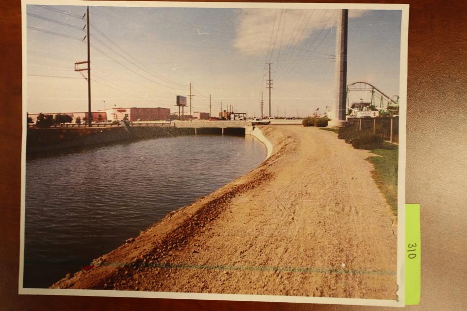 An exhibit from the "canal murders" trial shows the Arizona Canal looking west, close to the scene of Melanie Bernas' murder. Castles N' Coasters can be seen in the corner.