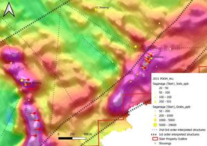 Planned drilling (red) on the West Side of the Starr Property with known showings and gold values from grab and soil sampling, underlain by TMI (Total Magnetic Intensity - First Vertical Derivative)