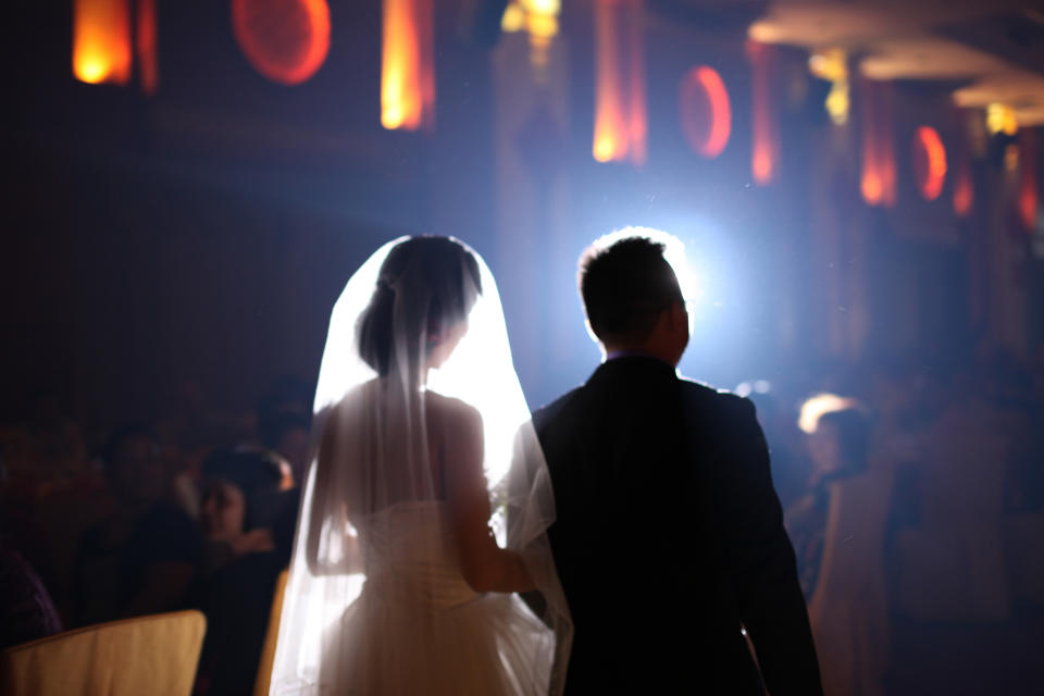 Bride and groom at wedding ceremony.