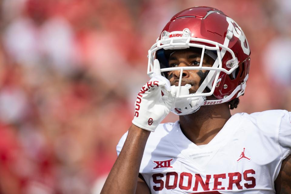 Oklahoma wide receiver Jalil Farooq (3) celebrates after scoring a touchdown in the first quarter of an NCAA football game against Nebraska, Saturday, Sept. 17, 2022 at Memorial Stadium in Lincoln.