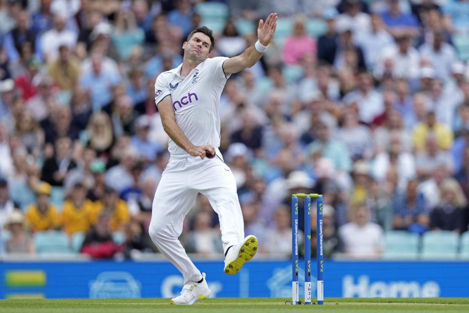 England's James Anderson bowls a delivery during the second day of the fifth Ashes Test match between England and Australia at The Oval cricket ground in London, Friday, July 28, 2023. (AP Photo/Kirsty Wigglesworth)