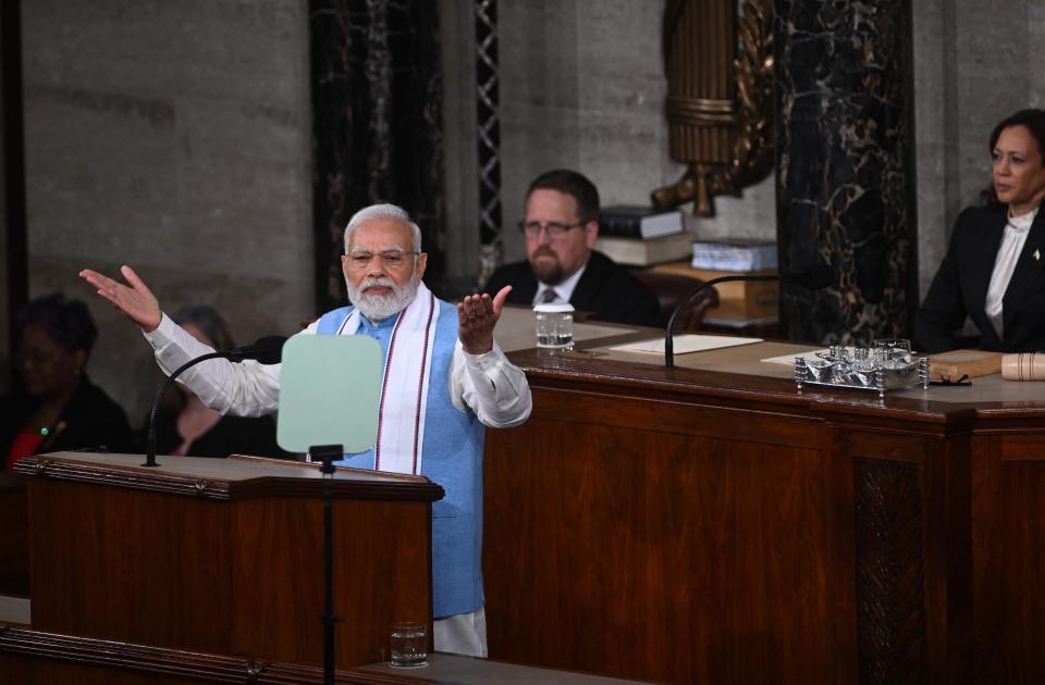 India's Prime Minister Narendra Modi addresses a joint meeting of Congress at the US Capitol in Washington, DC, on June 22, 2023. (Photo by Pedro UGARTE / AFP)