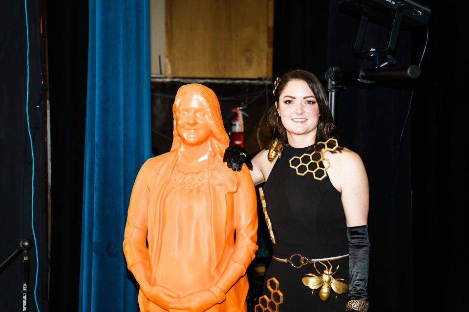 Amy Elliott, of Oak Ridge National Laboratory, wore 3D-printed designs she created on her dress and brought her 3D-printed statue, created when she was among 120 women honored for excelling in STEM with statues on the Smithsonian Museum lawn in 2022. Group Leader in Robotics and Intelligent Systems at ORNL, she described discoveries in science and technology as the guest speaker at the Children’s Museum Gala.