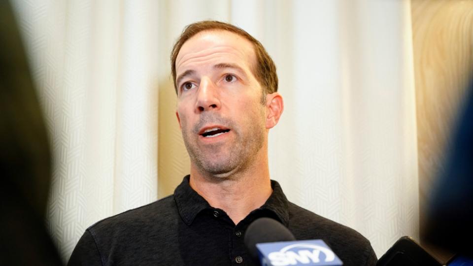 November 9, 2022. Las Vegas, Nevada, USA. Billy Eppler, New York his Mets general manager, answering questions from the media at the MLB GM meeting at the Conrad Las Vegas. Mandatory Credit: Lucas Pelletier - USA TODAY Sports