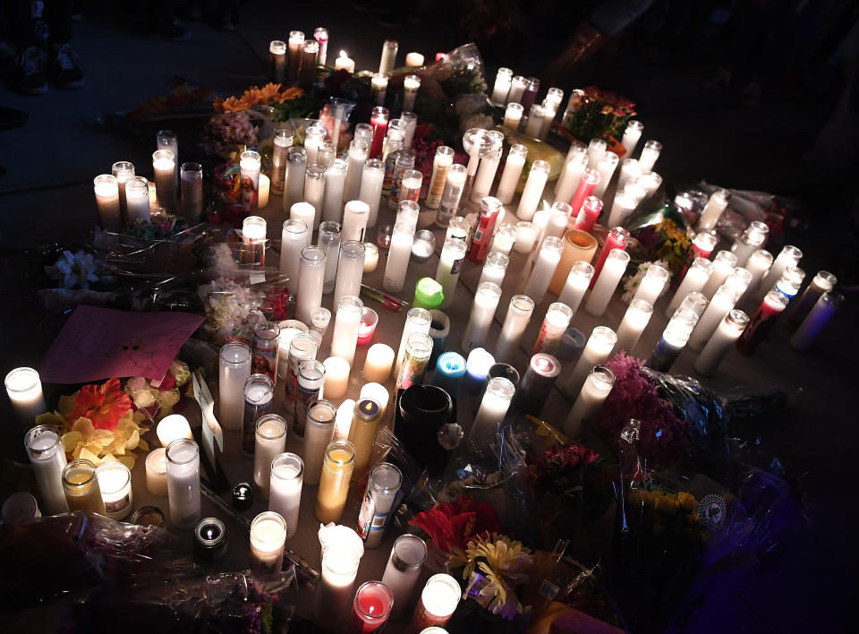 Candles make up a large vigil on the Las Vegas Strip.&nbsp;