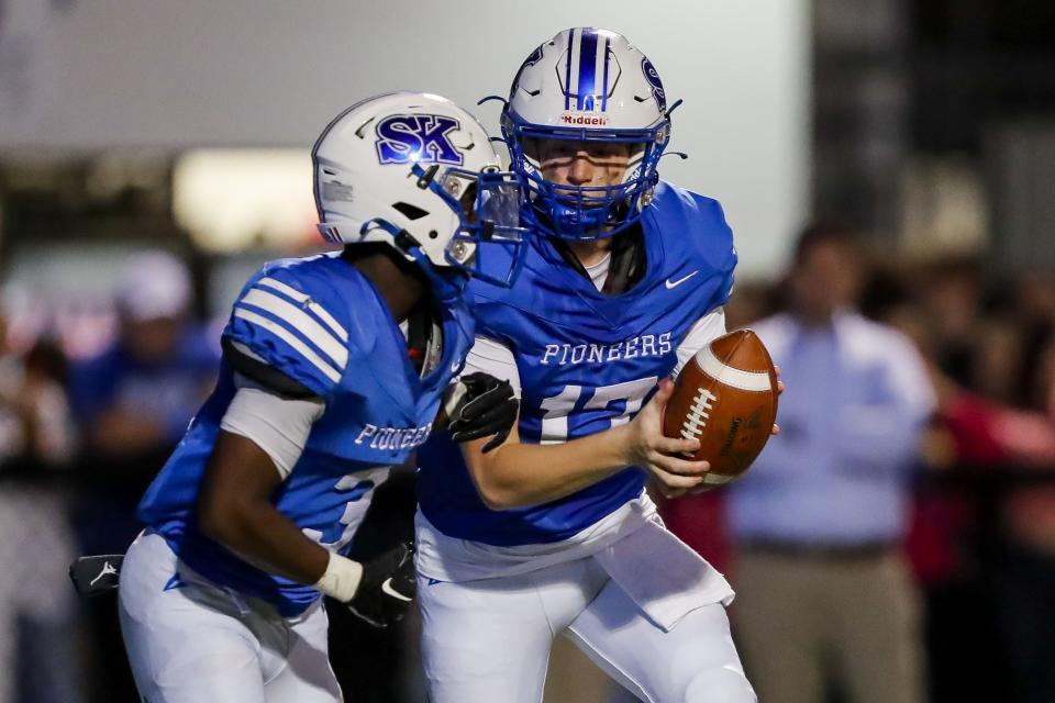 Simon Kenton's Brady Lee (17), right, returns to the Pioneers in 2024. He's with Durell Turner (3), who transferred to Anderson. They were one of the best offensive duos in the state of Kentucky in 2023.