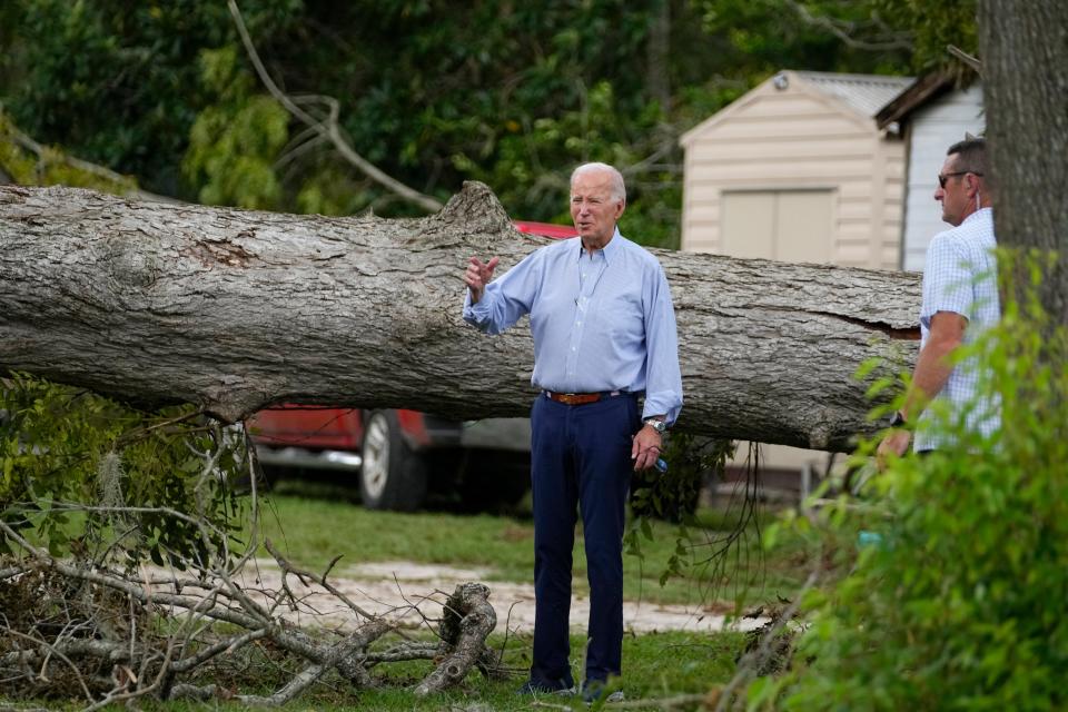 President Joe Biden surveys damage caused by Hurricane Idalia, Saturday, Sept. 2, 2023, in Live Oak, Fla.