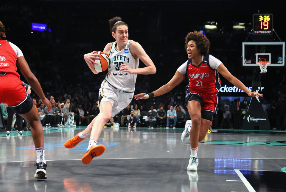 New York Liberty forward Breanna Stewart drives against Washington Mystics forward Tianna Hawkins during Game 2 of the first round of the 2023 WNBA playoffs at the Barclays Center in New York on Sept. 19, 2023. (Photo by Bruce Bennett/Getty Images)