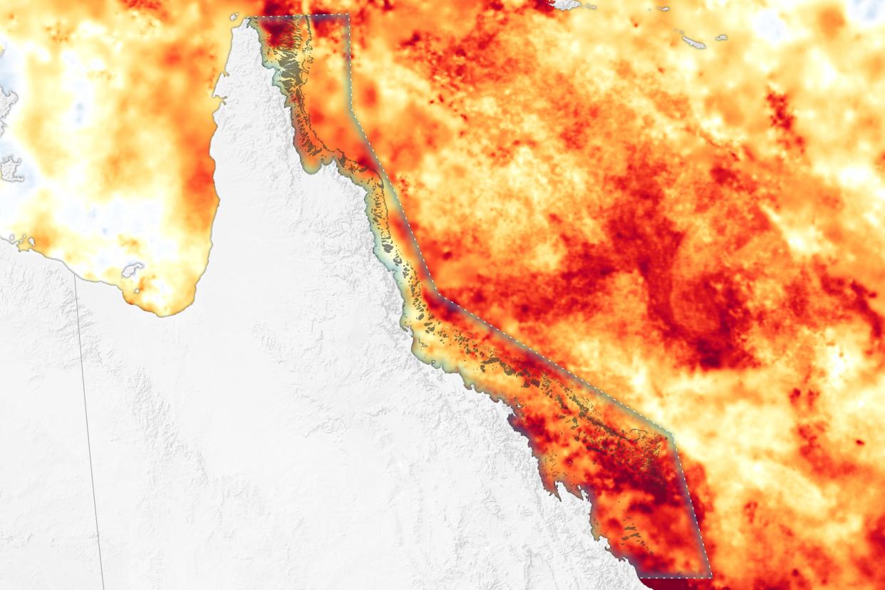 Heat stress on Australia's Great Barrier Reef is seen in this NASA representation of sea surface temperature anomalies in the region March.