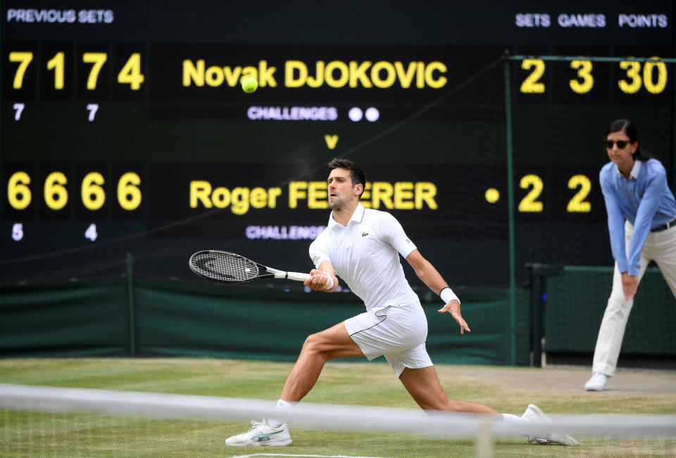 Tennis - Wimbledon - All England Lawn Tennis and Croquet Club, London, Britain - July 14, 2019  Serbia's Novak Djokovic in action during the final against Switzerland's Roger Federer  REUTERS/Toby Melville