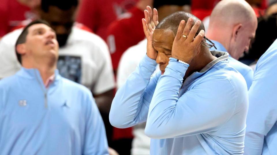 North Carolina coach Hubert Davis reacts late in the second half against N.C. State before falling 77-69 on Sunday, February 19, 2023 at PNC Arena in Raleigh, N.C.