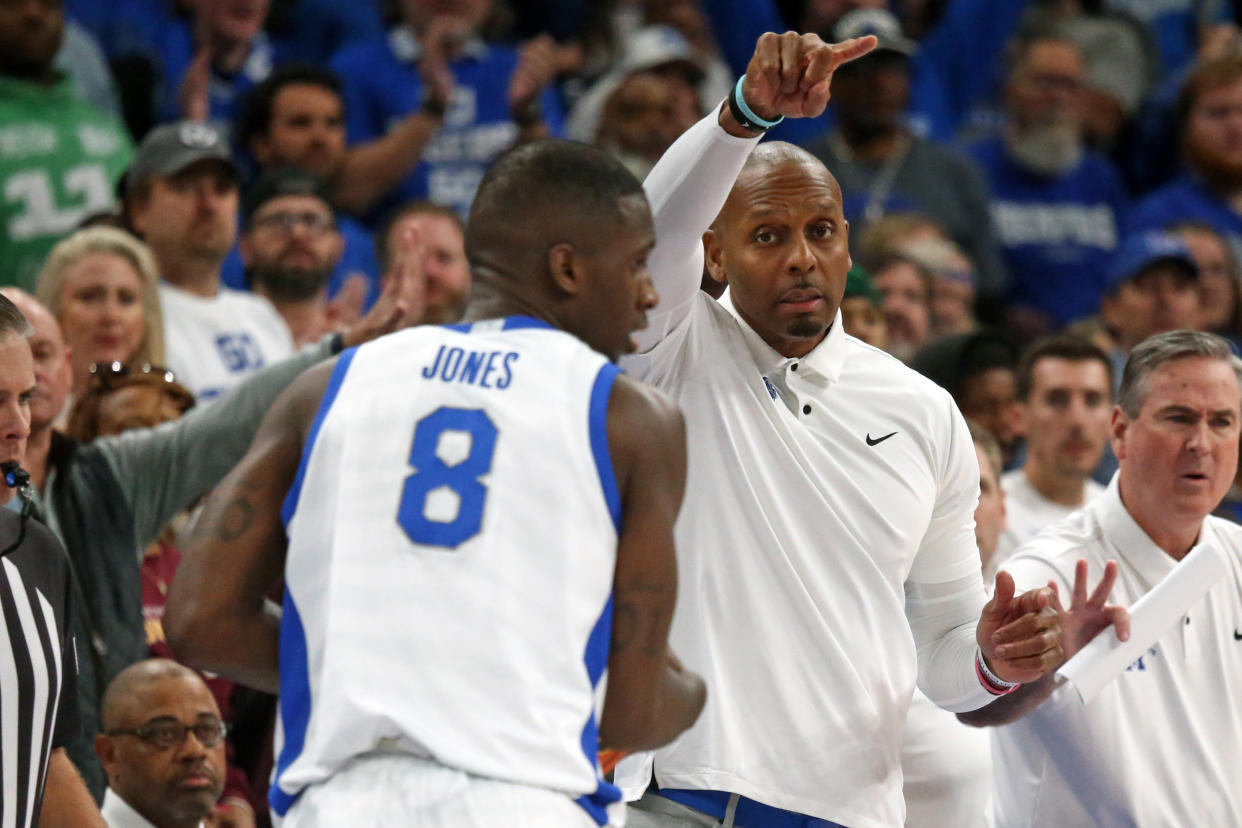 Feb 25, 2024; Memphis, Tennessee, USA; Memphis Tigers head coach  Penny Hardaway gives direction during the second half against the Florida Atlantic Owls at FedExForum. Mandatory Credit: Petre Thomas-USA TODAY Sports