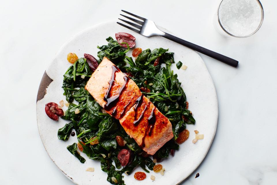 Balsamic-Glazed Salmon with Spinach, Olives, and Golden Raisins