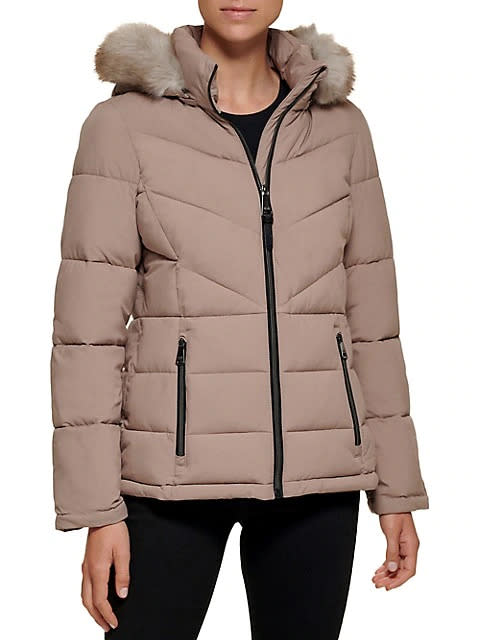 DKNY Faux Fur Hood Puffer Jacket. Image via The Bay.