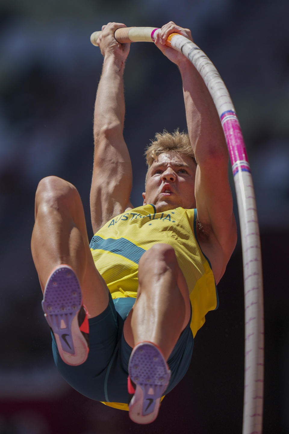 Ashley Moloney, of Australia, competes in the decathlon pole vault at the 2020 Summer Olympics, Thursday, Aug. 5, 2021, in Tokyo. (AP Photo/Matthias Schrader)