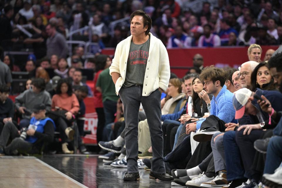 Detroit Pistons owner Tom Gores watches a loss to the Los Angeles Clippers in L.A., Feb. 10, 2024.