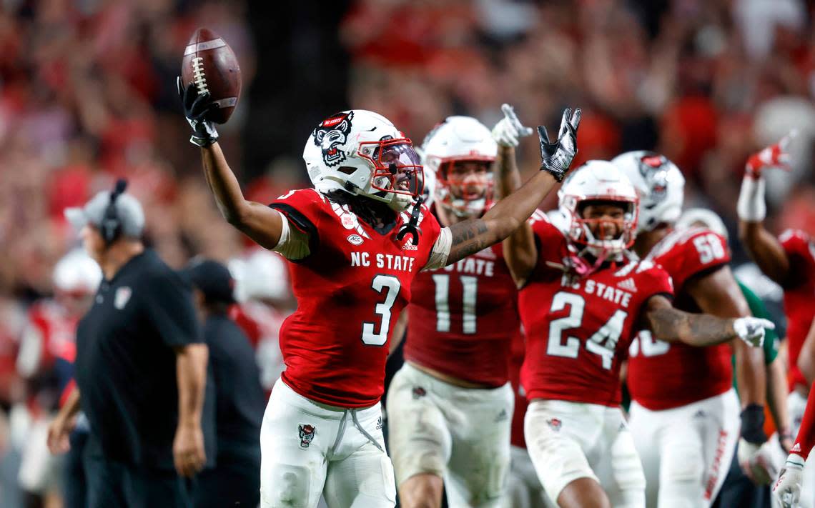 N.C. State cornerback Aydan White (3) celebrates after intercepting a Wake Forest pass during the second half of N.C. State’s 30-21 victory over Wake Forest at Carter-Finley Stadium in Raleigh, N.C., Saturday, Nov. 5, 2022.