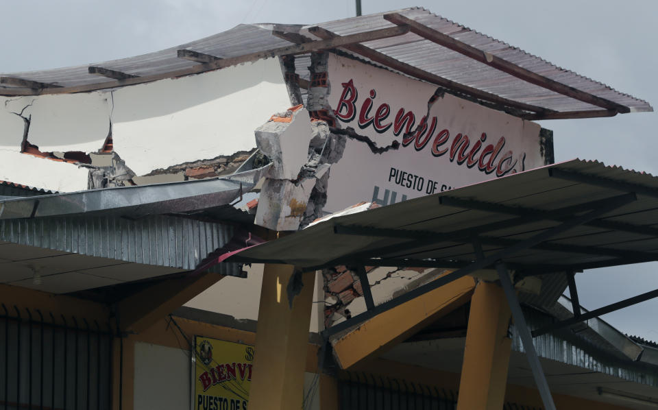 A clinic is damaged after an earthquake in Huatapi, on the outskirts of Yurimaguas, Peru, Sunday, May 26, 2019. A powerful magnitude 8.0 earthquake struck a remote part of the Amazon jungle in Peru early Sunday, collapsing buildings and knocking out power to some areas. (Guadalupe Pardo/Pool photo via AP)