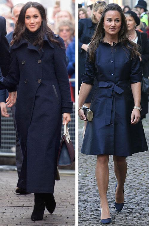 <p>Meghan wore this navy coat during her first public engagement as Harry's bride-to-be and it looks very similar to this one Pippa donned back in 2014.</p>