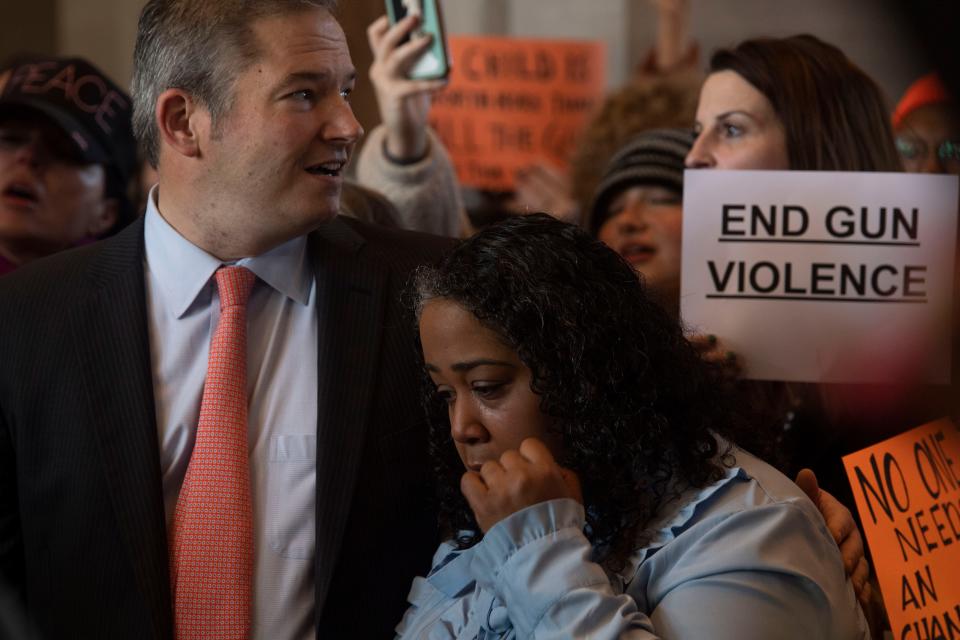 Sen. Jeff Yarbro, D-Nashville, stands with Senate Minority Leader Raumesh Akbari, D-Memphis, during a rally against gun violence the state Capitol in Nashville , Tenn., Thursday, March 30, 2023.