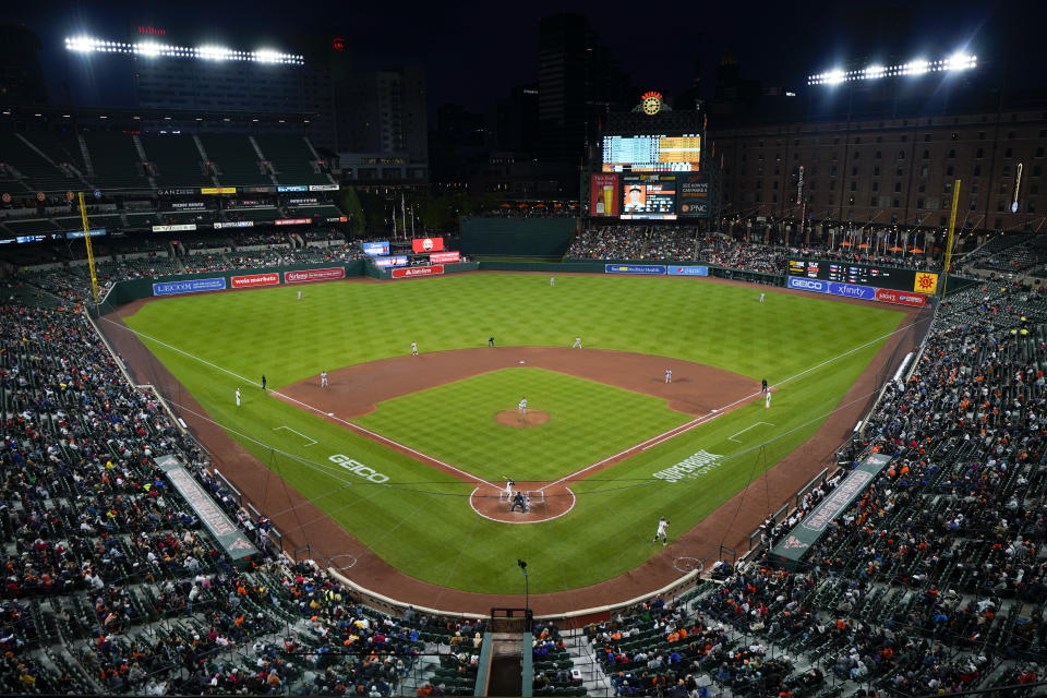 The Boston Red Sox infield plays straight up as relief pitcher Ryan Brasier throws a pitch to Baltimore Orioles' Ramon Urias during the sixth inning of a baseball game, Monday, April 24, 2023, in Baltimore, Md. The Orioles won 5-4. (AP Photo/Julio Cortez)